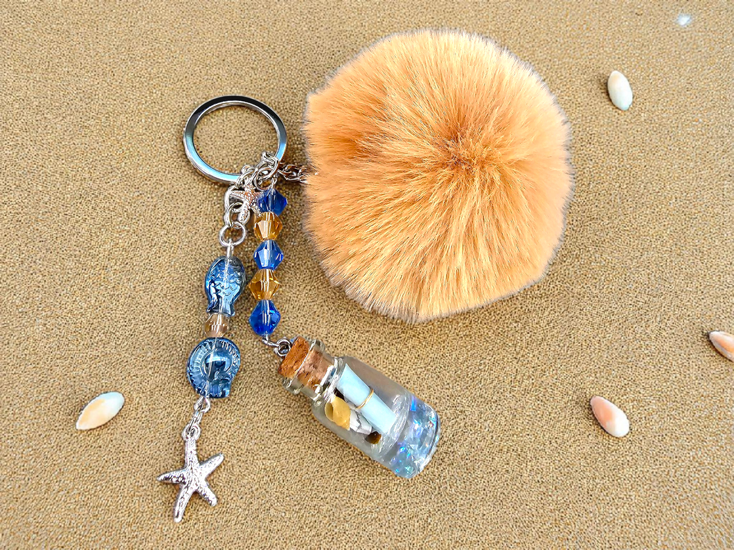 Beach Keychain. Ocean Starfish Keychain. Keyfob. Purse Accessories. Purse Charms. Purse Jewelry. Car Ornament. Lost Bottle. Pom Pom Ball.