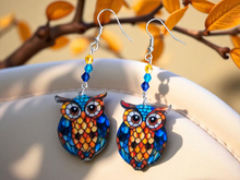 Load image into Gallery viewer, OWL EARRINGS. Barn Owl. Stained Glass Owl Earrings. Art Deco Earrings. Owl Jewelry
