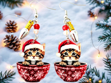 Load image into Gallery viewer, Christmas Earrings. Cat Earrings. Christmas Cat Earrings. Coffee Cup Earrings. Cat Jewelry. Tea Cup Earrings. Christmas Jewelry. Pet Gifts
