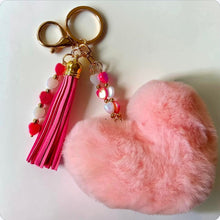 Load image into Gallery viewer, Pink Fluffy Heart Pom Pom Keychain with Tassel &amp; Heart Beads | Kouture by KK
