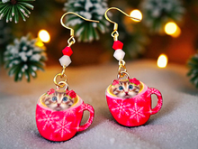 Load image into Gallery viewer, Christmas Earrings. Cat Earrings. Christmas Cat Earrings. Coffee Cup Earrings. Cat Jewelry. Tea Cup Earrings. Christmas Jewelry. Pet Gifts
