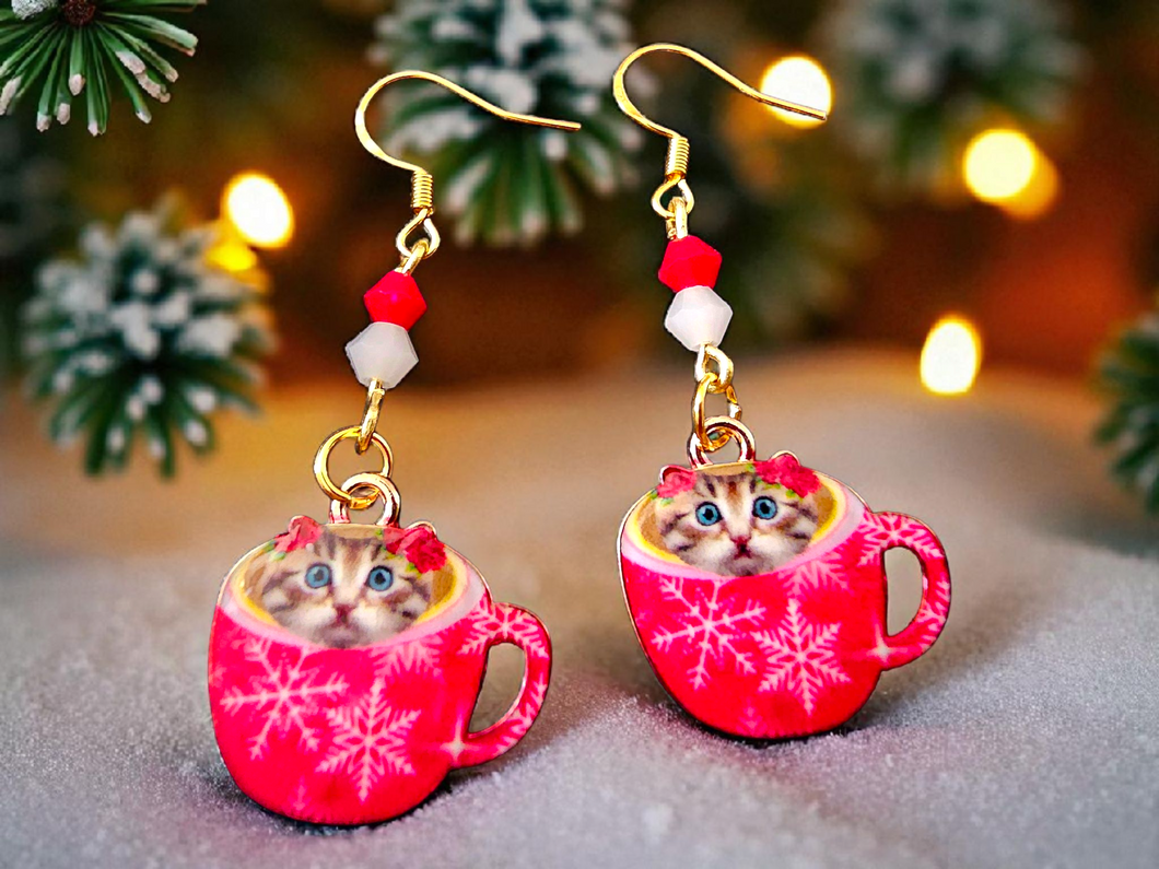 Christmas Earrings. Cat Earrings. Christmas Cat Earrings. Coffee Cup Earrings. Cat Jewelry. Tea Cup Earrings. Christmas Jewelry. Pet Gifts
