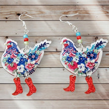 Load image into Gallery viewer, Chicken Earrings. Flower Chicken Boot Earrings. Dangling Boots Chicken Earring with Cyrstal matching beads. Chicken Jewelry. Chicken Gifts,
