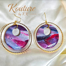 Load image into Gallery viewer, Polymer Clay Double Hoop Drop Earrings — Sunset Swirls of Color Donut Earrings. Signature Sculpted Collection
