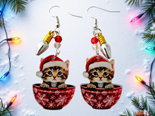 Load image into Gallery viewer, Christmas Earrings. Cat Earrings. Christmas Cat Earrings. Coffee Cup Earrings. Cat Jewelry. Tea Cup Earrings. Christmas Jewelry. Pet Gifts
