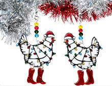 Load image into Gallery viewer, Christmas Chicken Earrings. Chicken Earrings, Christmas Lights Earrings, Christmas Chicken Dangle Boot Jewelry. Funny Chicken Earrings
