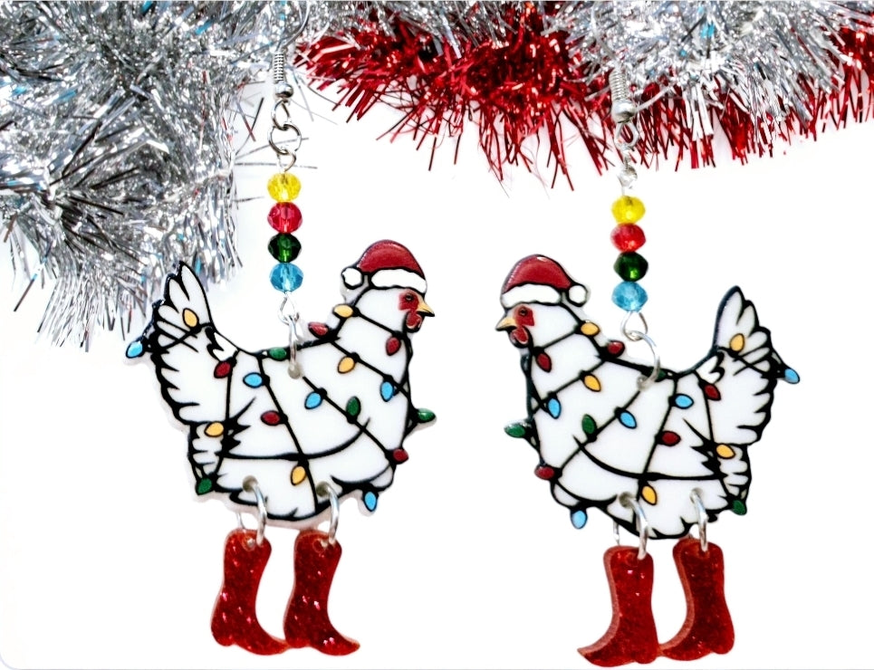 Christmas Chicken Earrings. Chicken Earrings, Christmas Lights Earrings, Christmas Chicken Dangle Boot Jewelry. Funny Chicken Earrings