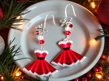 Load image into Gallery viewer, Christmas Earrings. Santa Dress Dangle Earrings. Mrs Clause Earrings. Party Dress Earrings. Cowgirl Christmas Earrings. Cowgirl Jewelry
