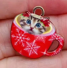 Load image into Gallery viewer, Christmas Earrings. Cat Earrings. Christmas Cat Earrings. Coffee Cup Earrings. Cat Jewelry. Tea Cup Earrings. Christmas Jewelry. Pet Gifts
