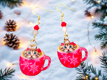 Load image into Gallery viewer, Christmas Earrings. Cat Earrings. Christmas Cat Earrings. Coffee Cup Earrings. Cat Jewelry. Tea Cup Earrings. Christmas Jewelry. Pet Gifts
