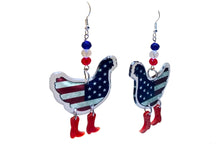 Load image into Gallery viewer, Patriotic Chicken Earrings: USA Flag Dangle Boot Jewelry with Sterling Silver Hooks
