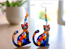 Load image into Gallery viewer, Cat Earrings. Stained Glass Earrings. Stained Glass Cat  Earrings. Animal Earrings.
