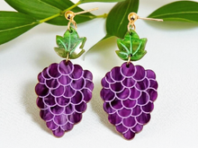 Load image into Gallery viewer, Grape Earrings. Fruit Jewelry. Fruit Earrings. Cluster of Grapes Earrings. Vineyard Wine. Wine Earrings. Food Earrings

