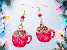 Load image into Gallery viewer, Christmas Earrings. Cat Earrings. Christmas Cat Earrings. Coffee Cup Earrings. Cat Jewelry. Tea Cup Earrings. Christmas Jewelry. Pet Gifts
