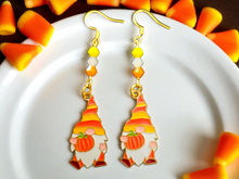 Load image into Gallery viewer, Gnome Earrings. Candy Corn Gnome Earrings. Pumpkin Earrings. Fall Jewelry. Thanksgiving Earrings
