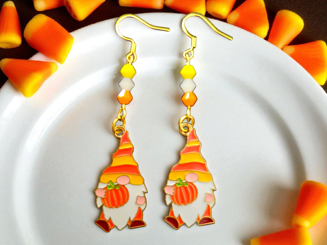 Gnome Earrings. Candy Corn Gnome Earrings. Pumpkin Earrings. Fall Jewelry. Thanksgiving Earrings