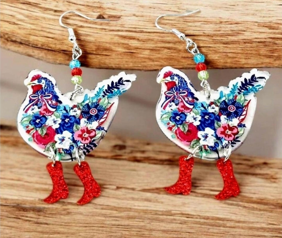 Chicken Earrings. Flower Chicken Boot Earrings. Dangling Boots Chicken Earring with Cyrstal matching beads. Chicken Jewelry. Chicken Gifts,