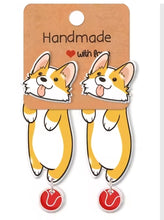 Load image into Gallery viewer, Corgi Dog Earrings. Corgi Jewelry. Dog Post Earrings. Dangling Tail Dog Earrings.
