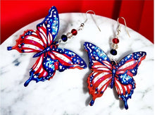 Load image into Gallery viewer, BUTTERFLY EARRINGS. Patriotic Butterfly Earrings. Earrings. Butterfly  Flag Earrings. Butterfly Jewelry. USA Earrings.
