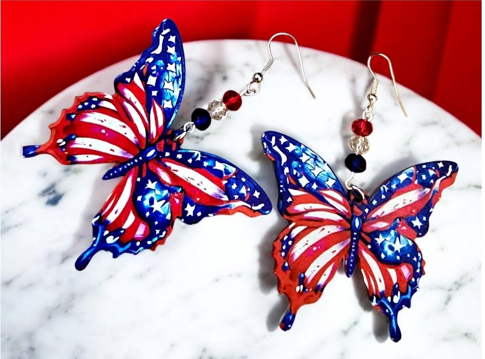 BUTTERFLY EARRINGS. Patriotic Butterfly Earrings. Earrings. Butterfly  Flag Earrings. Butterfly Jewelry. USA Earrings.