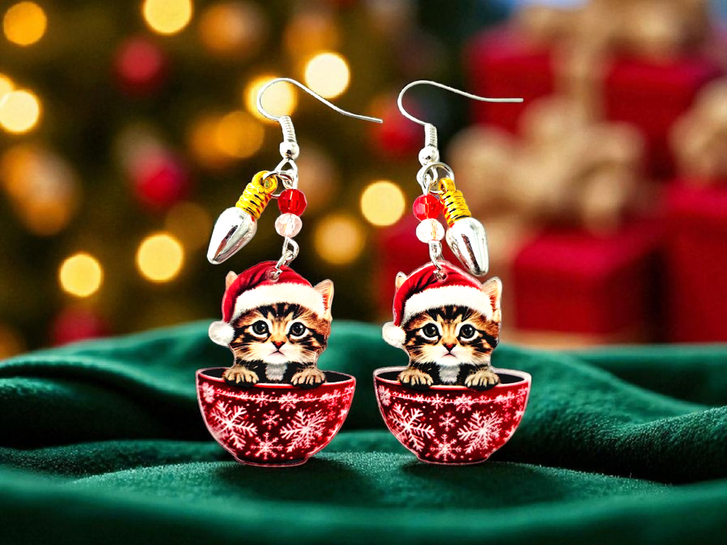 Christmas Earrings. Cat Earrings. Christmas Cat Earrings. Coffee Cup Earrings. Cat Jewelry. Tea Cup Earrings. Christmas Jewelry. Pet Gifts