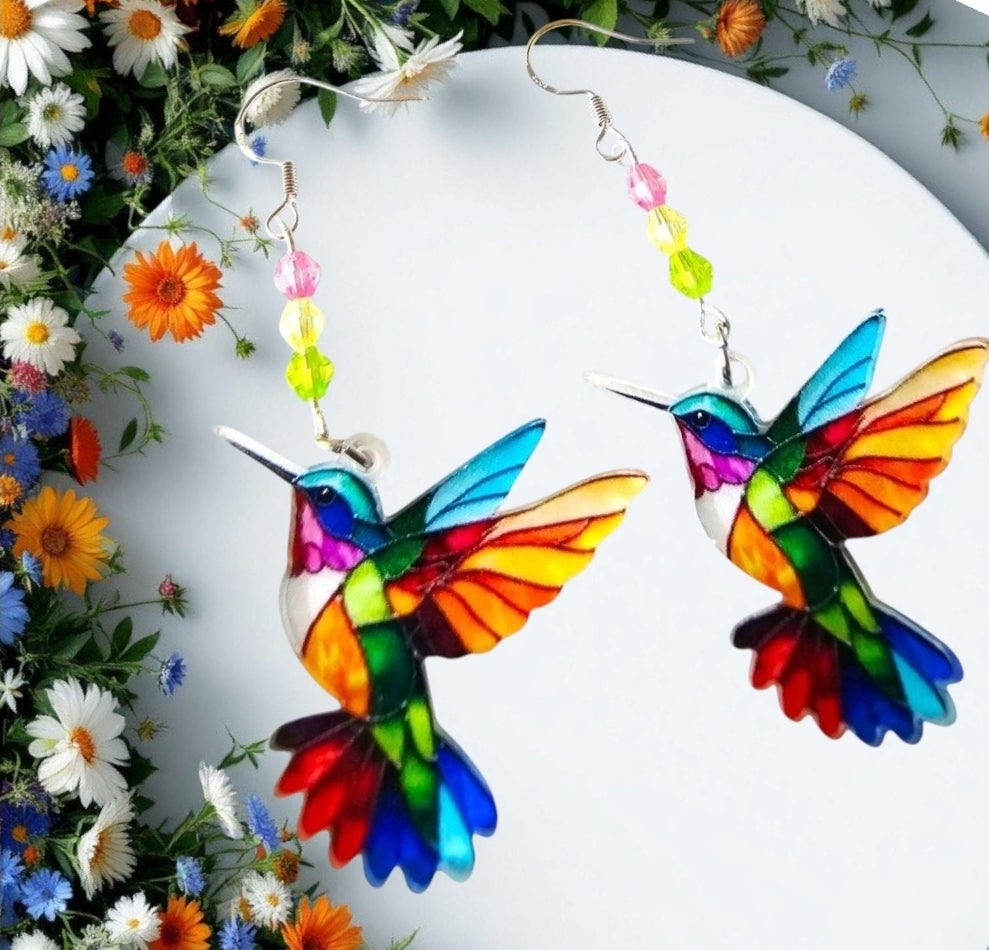 Hummingbird Earrings. Hummingbird Jewelry. Stained Glass Design Earrings. Bird Earrings. Bird Jewelry Sterling Silver Hooks