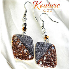 Load image into Gallery viewer, Bronze Silver Rustic Two Tone Square Metal Glitter Earrings. Duo Tone Square Earrings.
