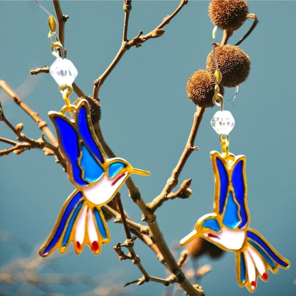 Hummingbird Earrings. Hummingbird Jewelry. Stained Glass Design Earrings. Bird Earrings. Bird Jewelry. Metal Gold or Silver.