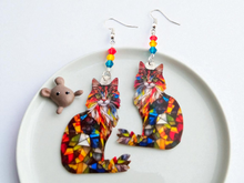 Load image into Gallery viewer, Cat Earrings. Stained Glass Cat Earrings. Cat Jewelry. Animal Earrings. Pet Party Favors.
