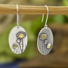 Load image into Gallery viewer, Flower Earrings. Rustic Earrings. Bohemian Metal Flower Earrings. Plant Jewelry. Flower Jewelry. Micron Natural Mineral Yellow Stone.
