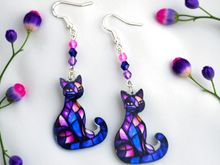 Load image into Gallery viewer, Cat Earrings. Purple Earrings. Colorful Earrings. Stained Glass Cat Earrings. Cat Jewelry. Animal Earrings. Pet Party Favors.
