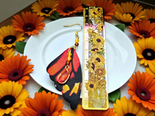 Load image into Gallery viewer, BUTTERFLY EARRINGS. Butterfly Wing Earrings. Orange and Yellow Monarch Butterfly Earrings. Butterfly Jewelry. Cyrstal Bead Earrings.
