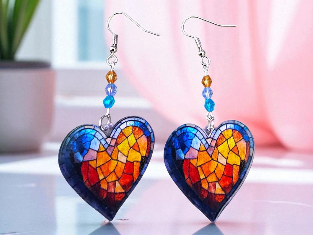 Stained Glass Heart Earrings. Heart Earrings. Heart Jewelry. Colorful Bright Jewelry. Heart Drop Earrings.