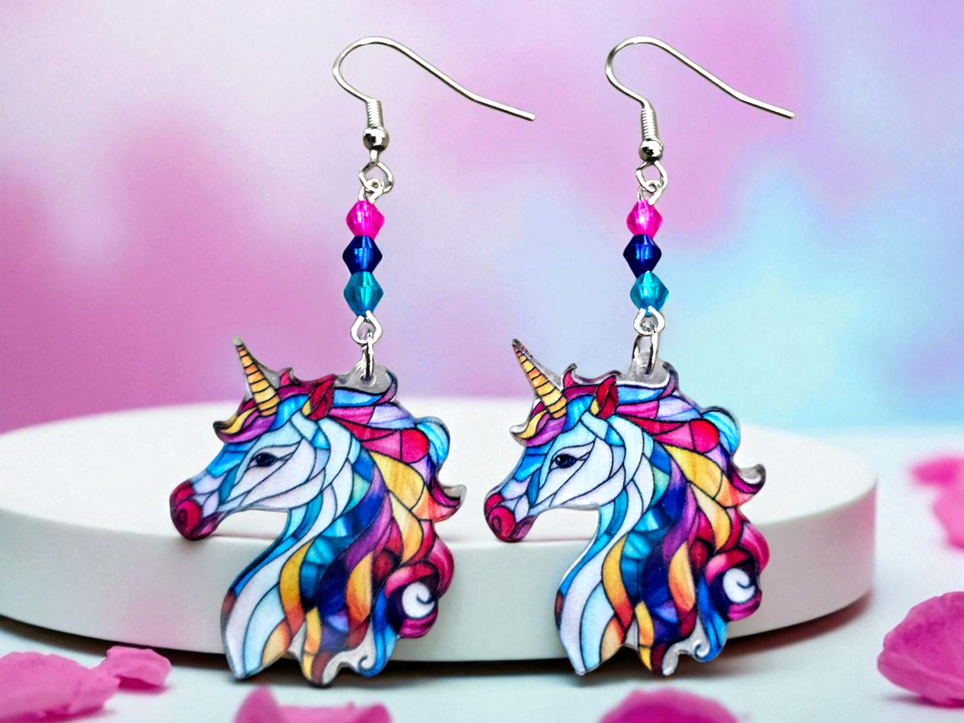 Unicorn Earrings. Unicorn Stained Glass Design Unicorn Jewelry. Fairytale