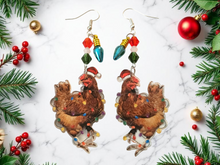 Load image into Gallery viewer, Christmas Chicken Earrings. Chicken Earrings, Christmas Light Earrings, Christmas Chicken Jewelry. Funny Chicken Earrings
