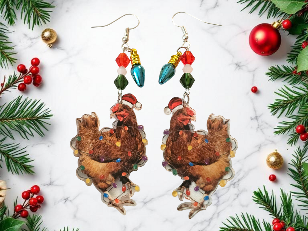 Christmas Chicken Earrings. Chicken Earrings, Christmas Light Earrings, Christmas Chicken Jewelry. Funny Chicken Earrings