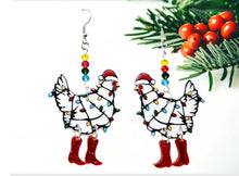 Load image into Gallery viewer, Christmas Chicken Earrings. Chicken Earrings, Christmas Lights Earrings, Christmas Chicken Dangle Boot Jewelry. Funny Chicken Earrings
