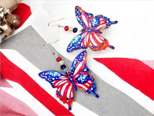 Load image into Gallery viewer, BUTTERFLY EARRINGS. Patriotic Butterfly Earrings. Earrings. Butterfly  Flag Earrings. Butterfly Jewelry. USA Earrings.
