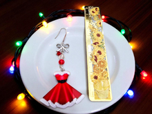 Load image into Gallery viewer, Christmas Earrings. Santa Dress Dangle Earrings. Mrs Clause Earrings. Party Dress Earrings. Cowgirl Christmas Earrings. Cowgirl Jewelry

