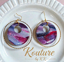 Load image into Gallery viewer, Polymer Clay Double Hoop Drop Earrings — Sunset Swirls of Color Donut Earrings. Signature Sculpted Collection
