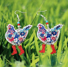Load image into Gallery viewer, Chicken Earrings. Flower Chicken Boot Earrings. Dangling Boots Chicken Earring with Cyrstal matching beads. Chicken Jewelry. Chicken Gifts,
