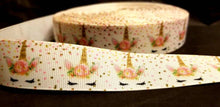 Load image into Gallery viewer, 1&quot; Unicorn Grosgrain ribbon. Pink Cotton Candy Unicorn with Golden Horn
