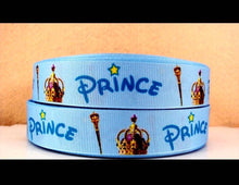 Load image into Gallery viewer, 7/8&quot; Blue  Prince Crown Grosgrain ribbon.
