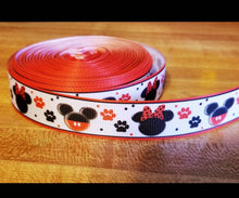 Load image into Gallery viewer, 7/8&quot; Mickey and Minnie Mouse Grosgrain Ribbon with Red and Black Paws for Dogs and Cats.
