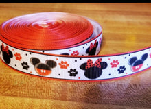 Load image into Gallery viewer, 7/8&quot; Mickey and Minnie Mouse Grosgrain Ribbon with Red and Black Paws for Dogs and Cats.
