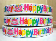 Load image into Gallery viewer, 12 yards in stock continuous - 5/8&quot; Happy Birthday grosgrain ribbon. Birthday Cake Ribbon
