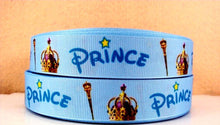 Load image into Gallery viewer, 7/8&quot; Blue  Prince Crown Grosgrain ribbon.
