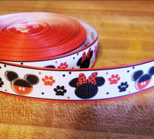 Load image into Gallery viewer, 7/8&quot; Mickey and Minnie Mouse Grosgrain Ribbon with Red and Black Paws for Dogs and Cats.
