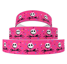 Load image into Gallery viewer, 7/8&quot; Jack Skellington Hot Pink Grosgrain Ribbon. Halloween Nightmare Before Christmas Ribbon. Black and White Jack Skellington Ribbob
