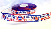 Load image into Gallery viewer, 10 yards in stock - 7/8&quot; Chicago Cubs Patriotic Ribbon. Baseball Sports MLB Ribbon. More stock on its way. Red White and Blue Chicago Cubs Grosgrain Ribbon
